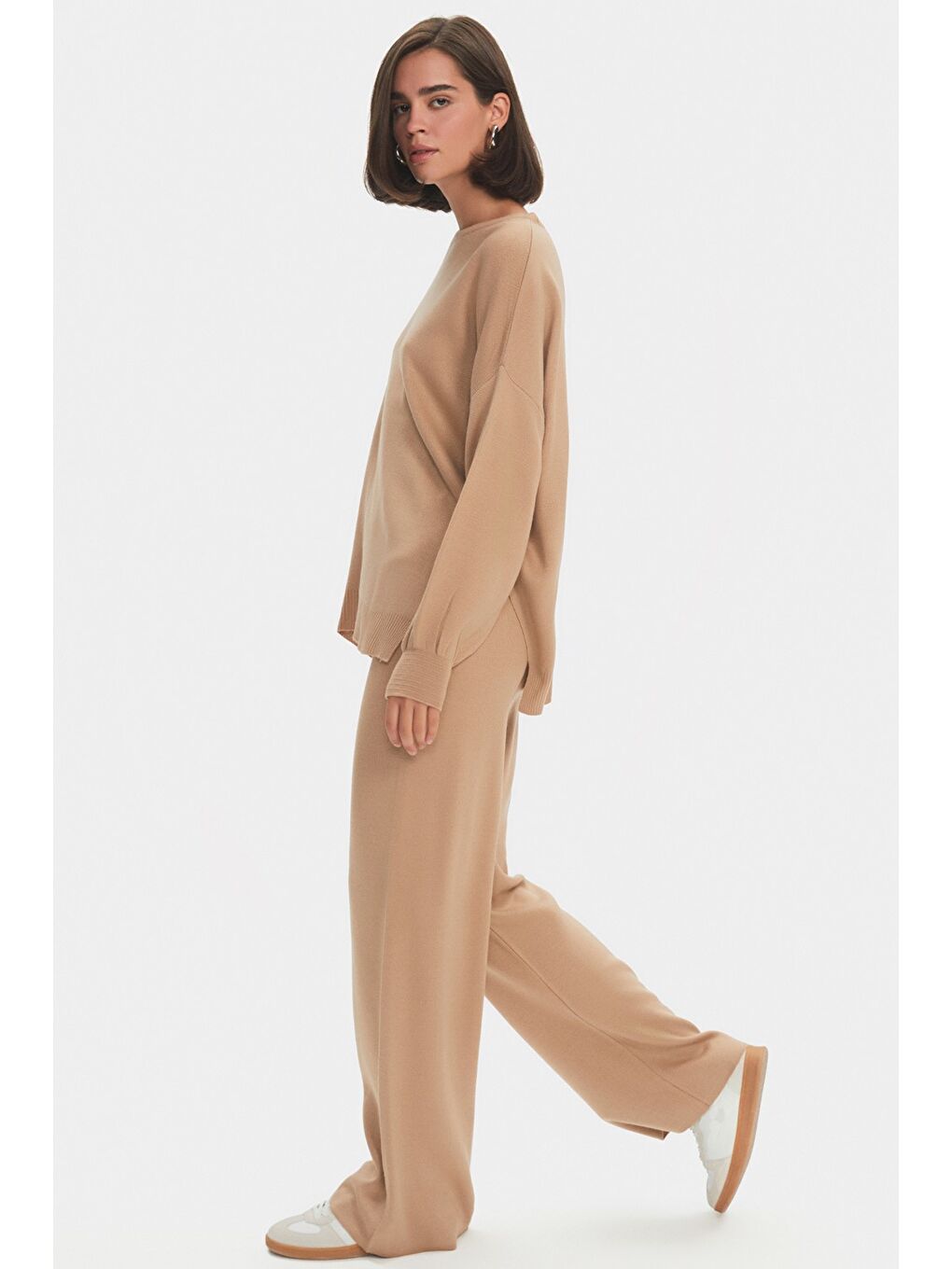 Kahverengi Kadın Geniş Kalıp Balon Kol Triko Alt-Üst Takım-5