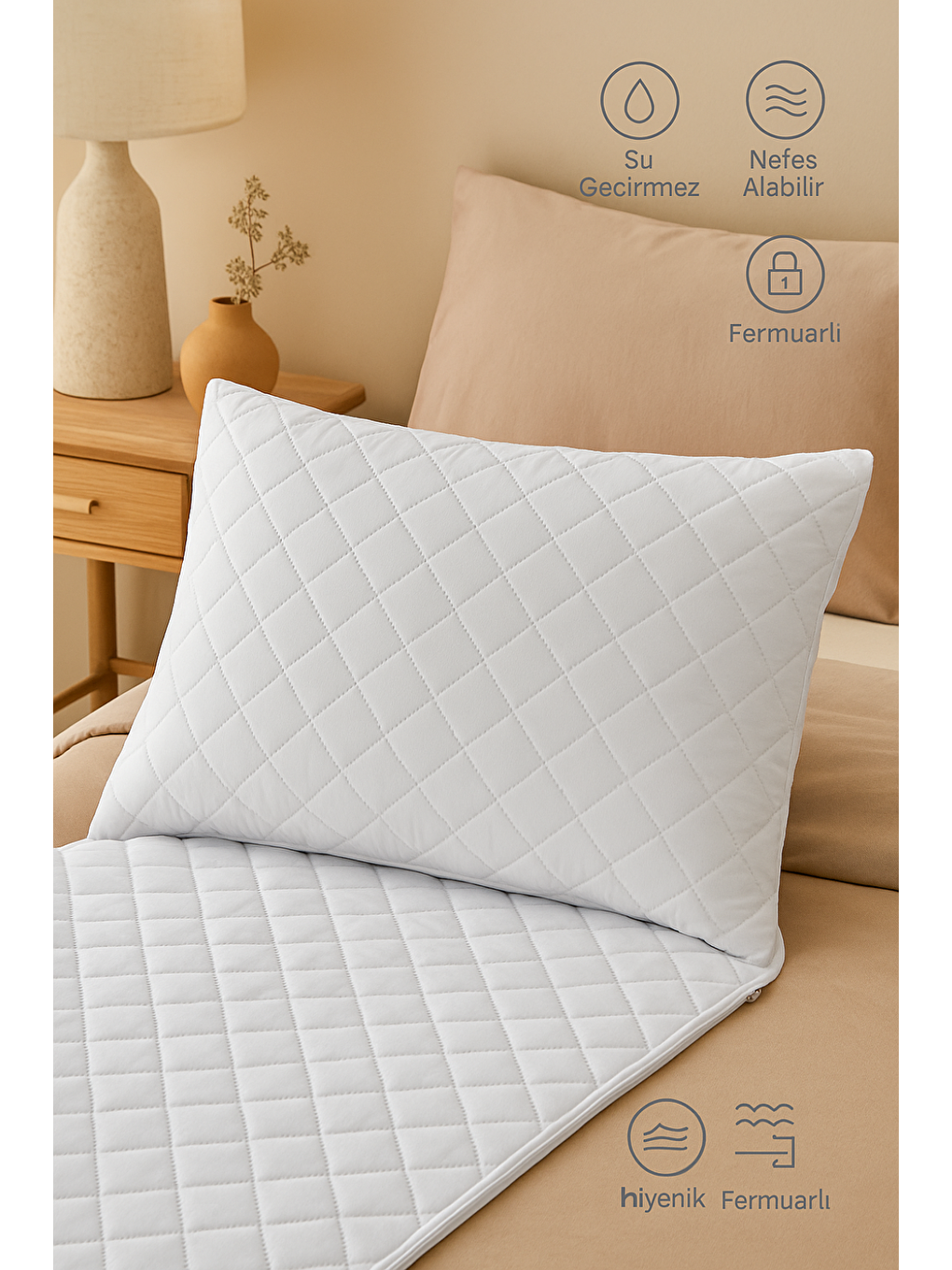 Beyaz 2’li 50x70 cm Fermuarlı Kapitoneli Su Geçirmez Yastık Alezi-4