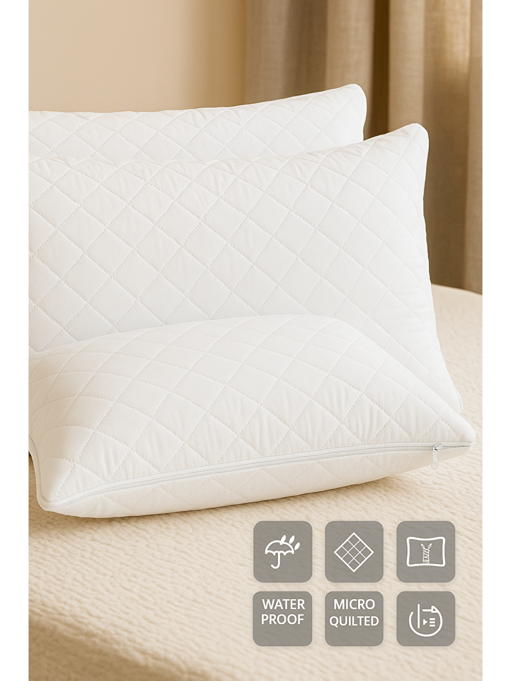 Beyaz 2’li 50x70 cm Fermuarlı Kapitoneli Su Geçirmez Yastık Alezi-5