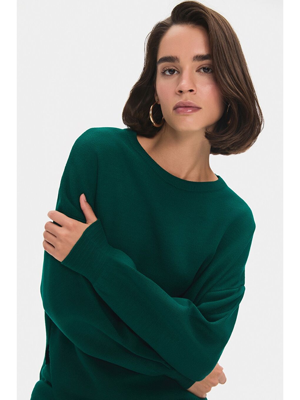 Yeşil Kadın Geniş Kalıp Balon Kol Triko Alt-Üst Takım-3