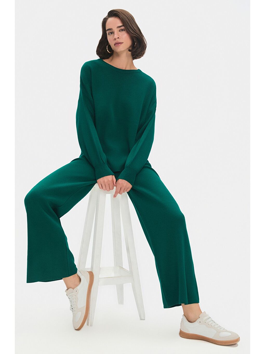 Yeşil Kadın Geniş Kalıp Balon Kol Triko Alt-Üst Takım-4