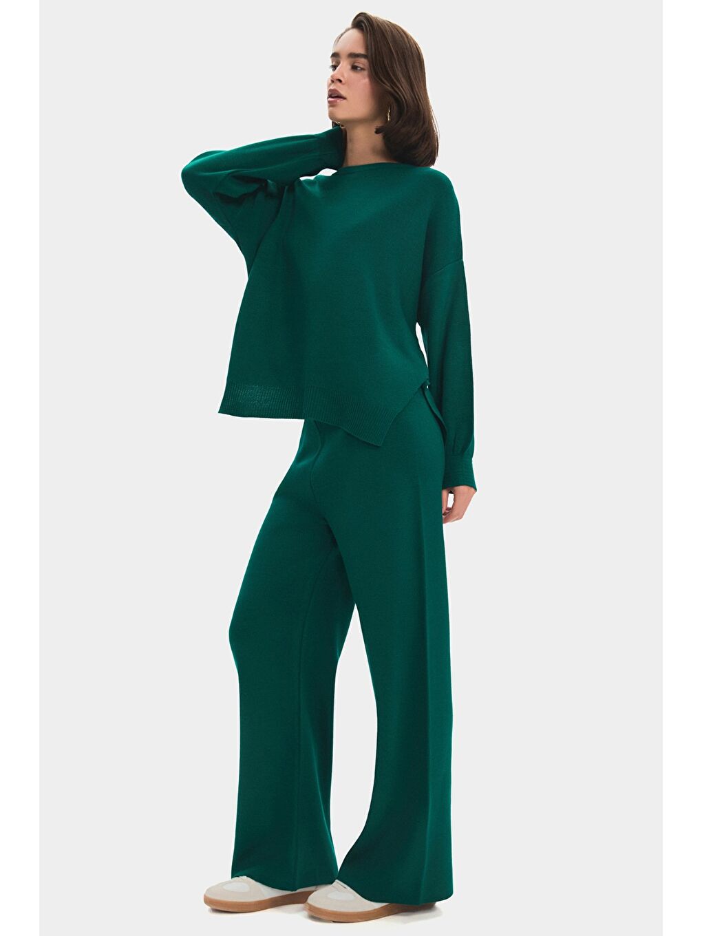 Yeşil Kadın Geniş Kalıp Balon Kol Triko Alt-Üst Takım-5