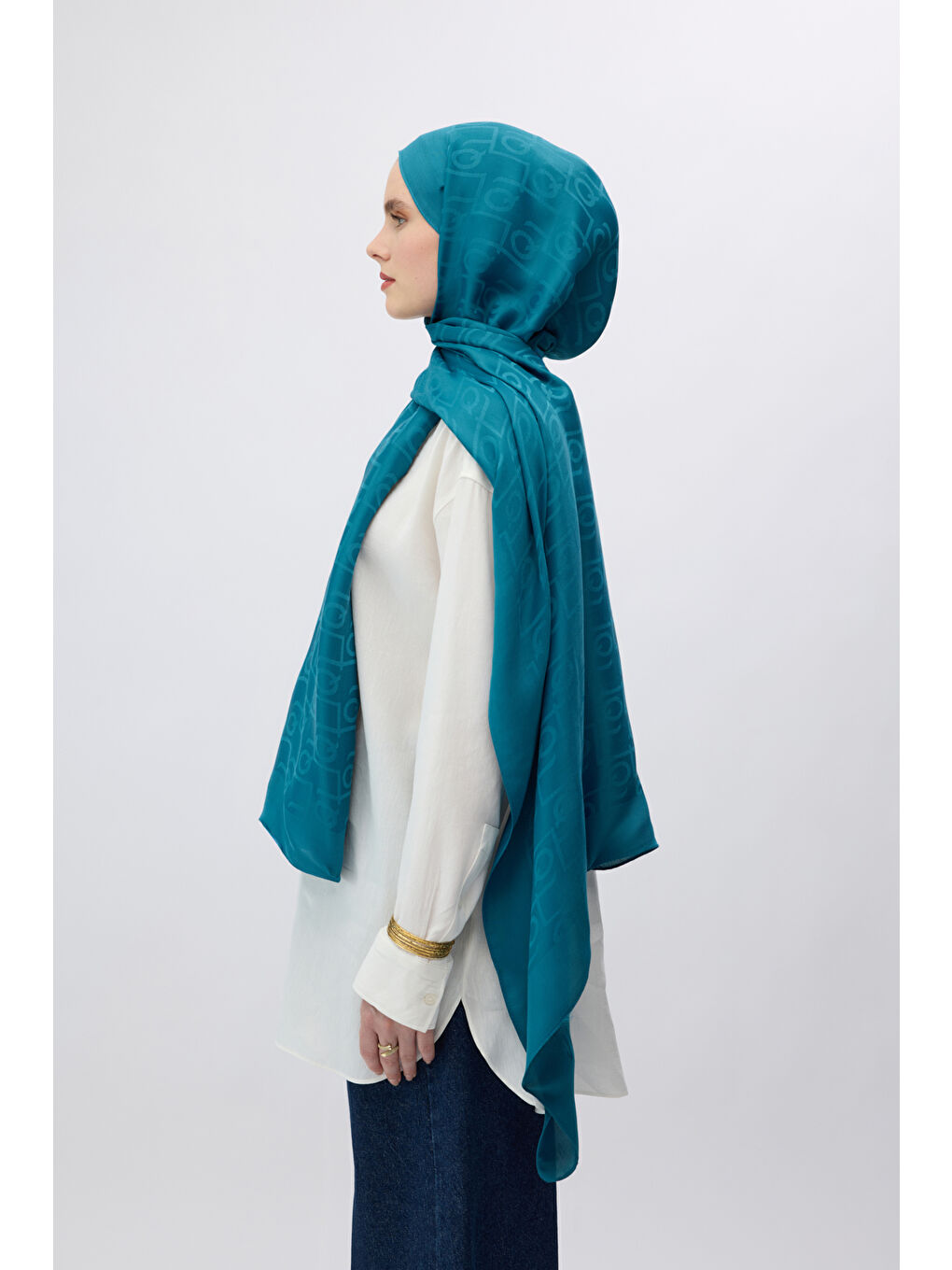 İpek Jakar Monogram Şal Petrol Mavisi-1