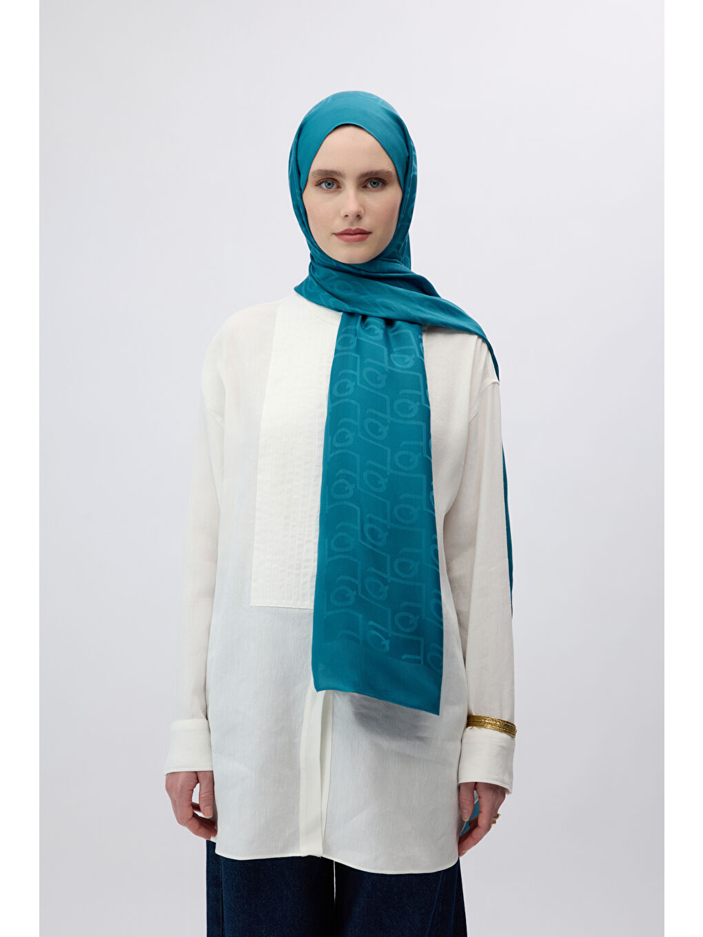 İpek Jakar Monogram Şal Petrol Mavisi-3