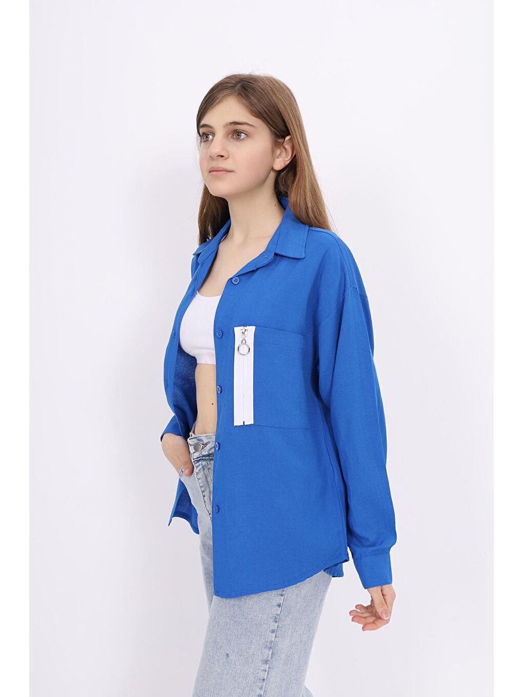 Mavi Kız Çocuk Fermuar Detaylı Keten Görünümlü Gömlek 9-14 Yaş Lx230-2