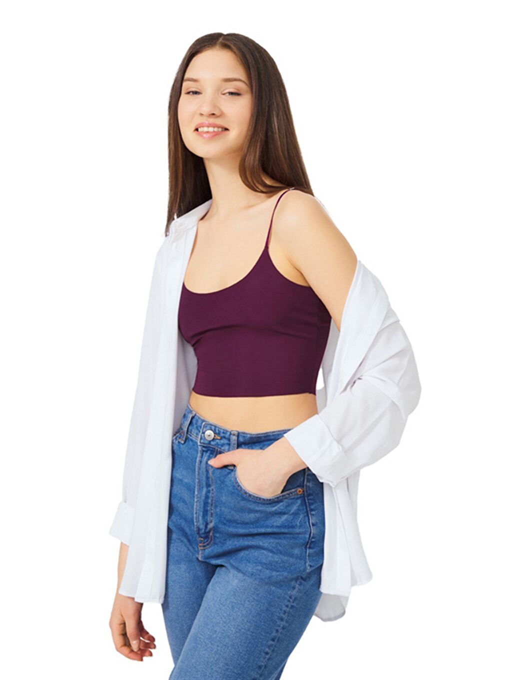 Mürdüm Ayarlanabilir İnce Askılı Lazer Kesim Kadın Crop Büstiyer-2