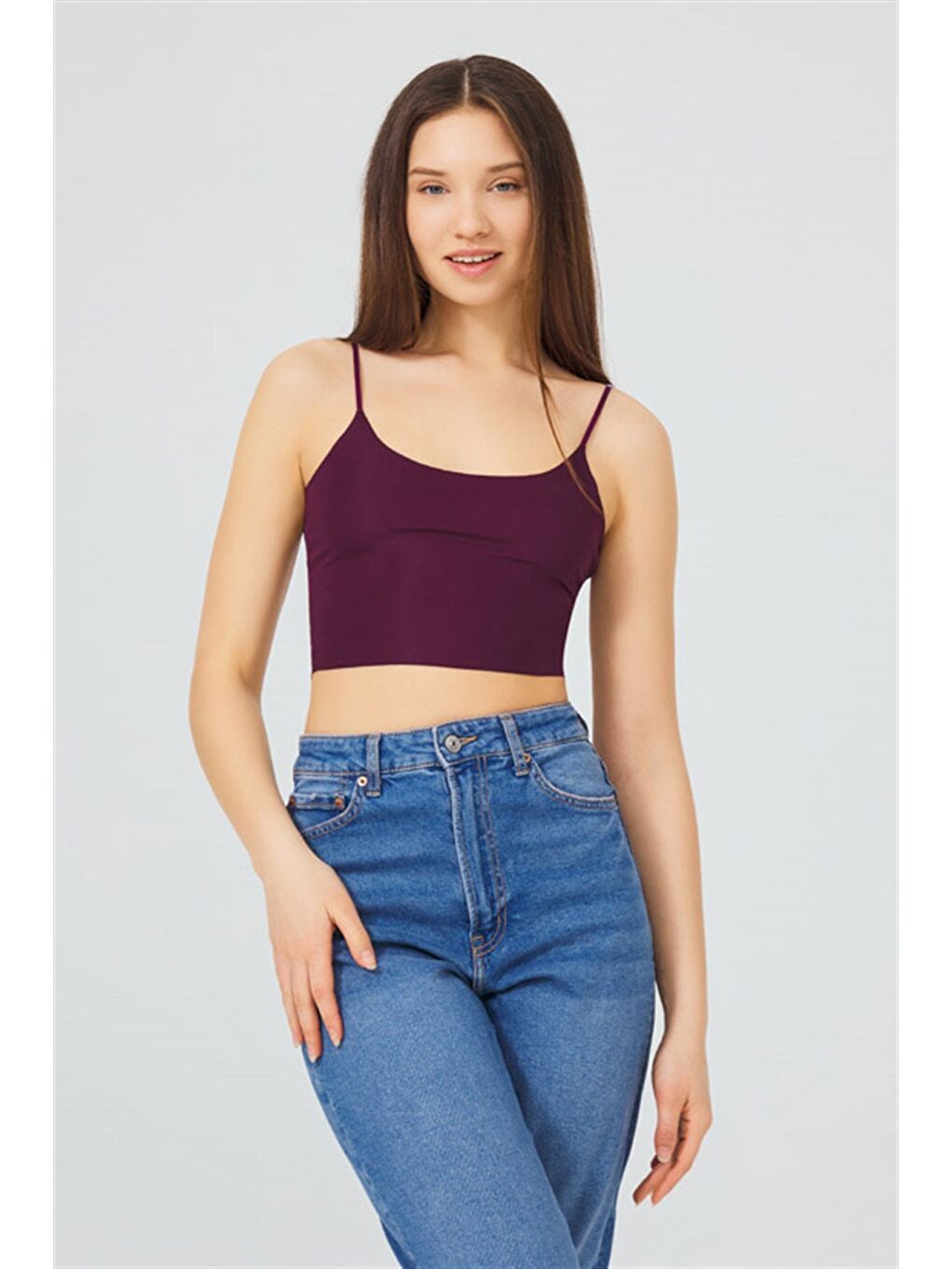 Mürdüm Ayarlanabilir İnce Askılı Lazer Kesim Kadın Crop Büstiyer-4