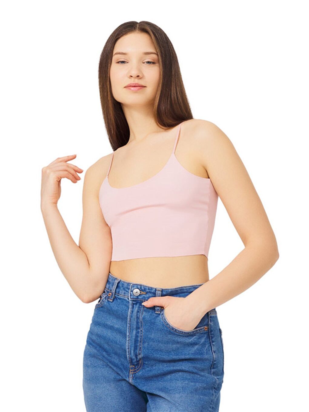 Pembe Pudra Ayarlanabilir İnce Askılı Lazer Kesim Kadın Crop Büstiyer-2