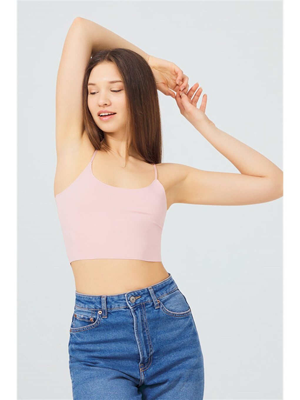 Pembe Pudra Ayarlanabilir İnce Askılı Lazer Kesim Kadın Crop Büstiyer-3
