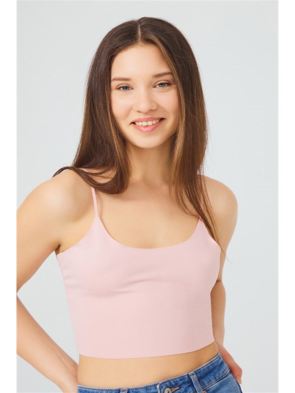 Pembe Pudra Ayarlanabilir İnce Askılı Lazer Kesim Kadın Crop Büstiyer-4