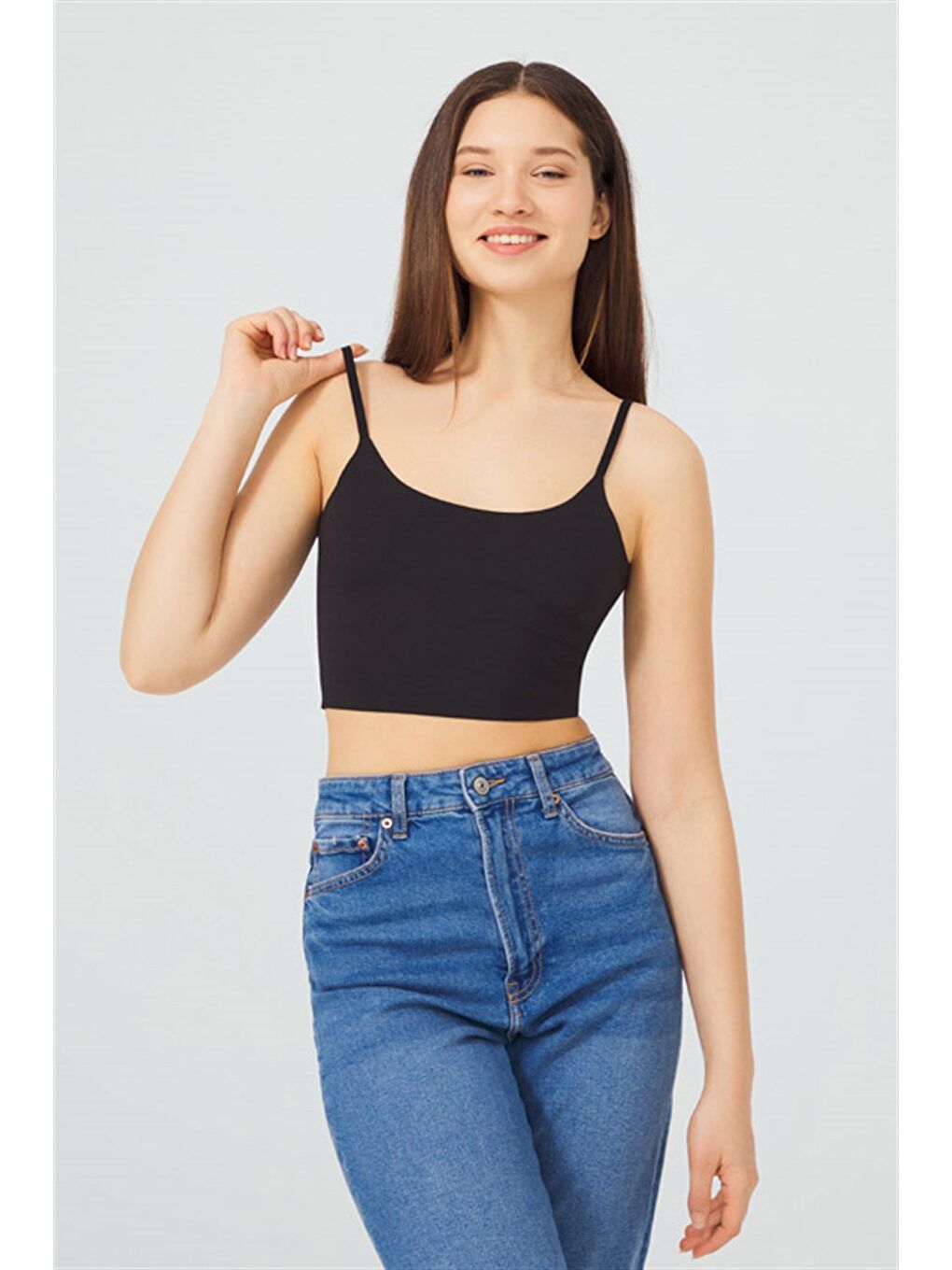 Siyah Ayarlanabilir İnce Askılı Lazer Kesim Kadın Crop Büstiyer-4