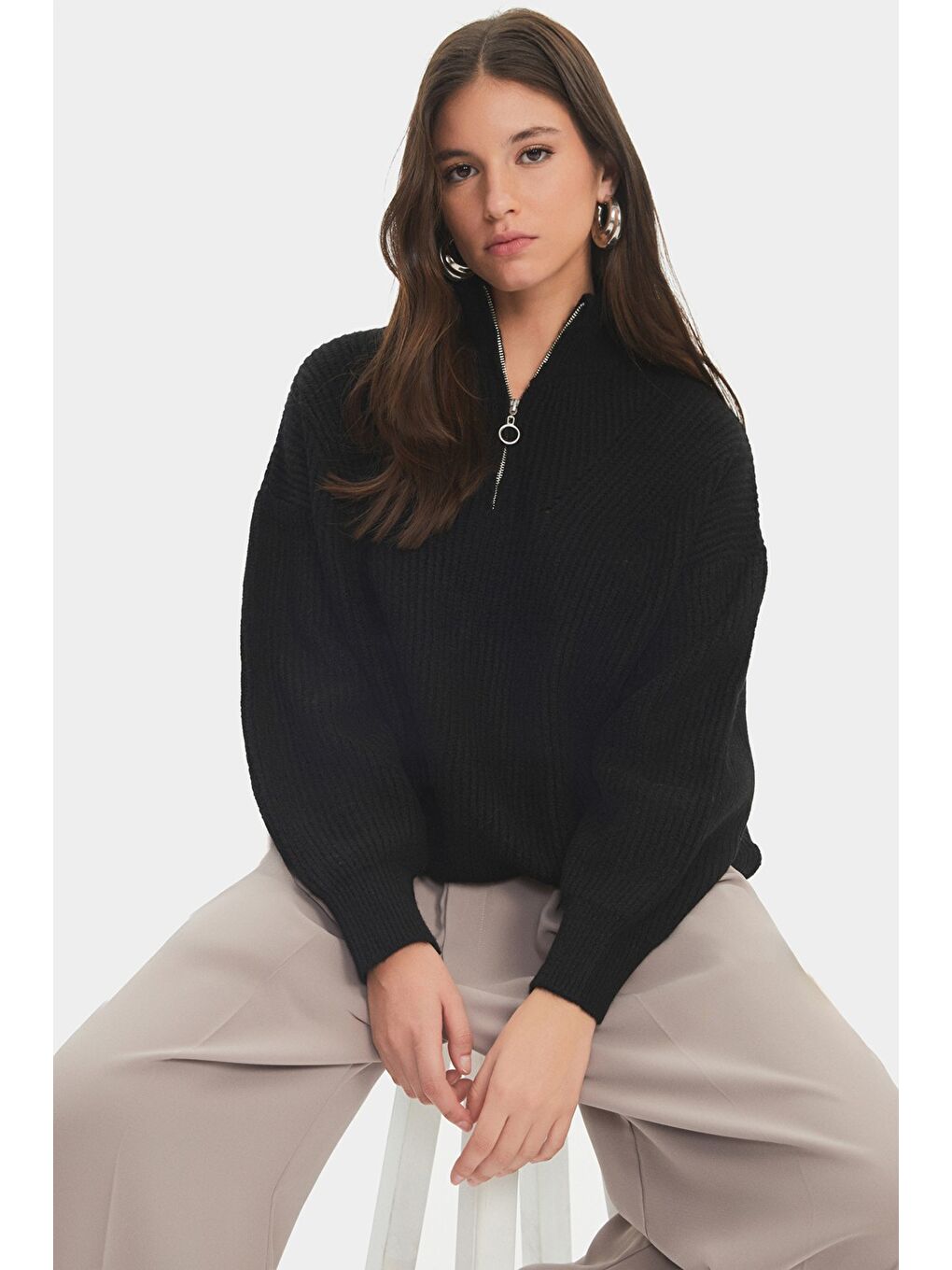Siyah Kadın Yumuşak Dokulu Fermuarlı Triko Kazak-4