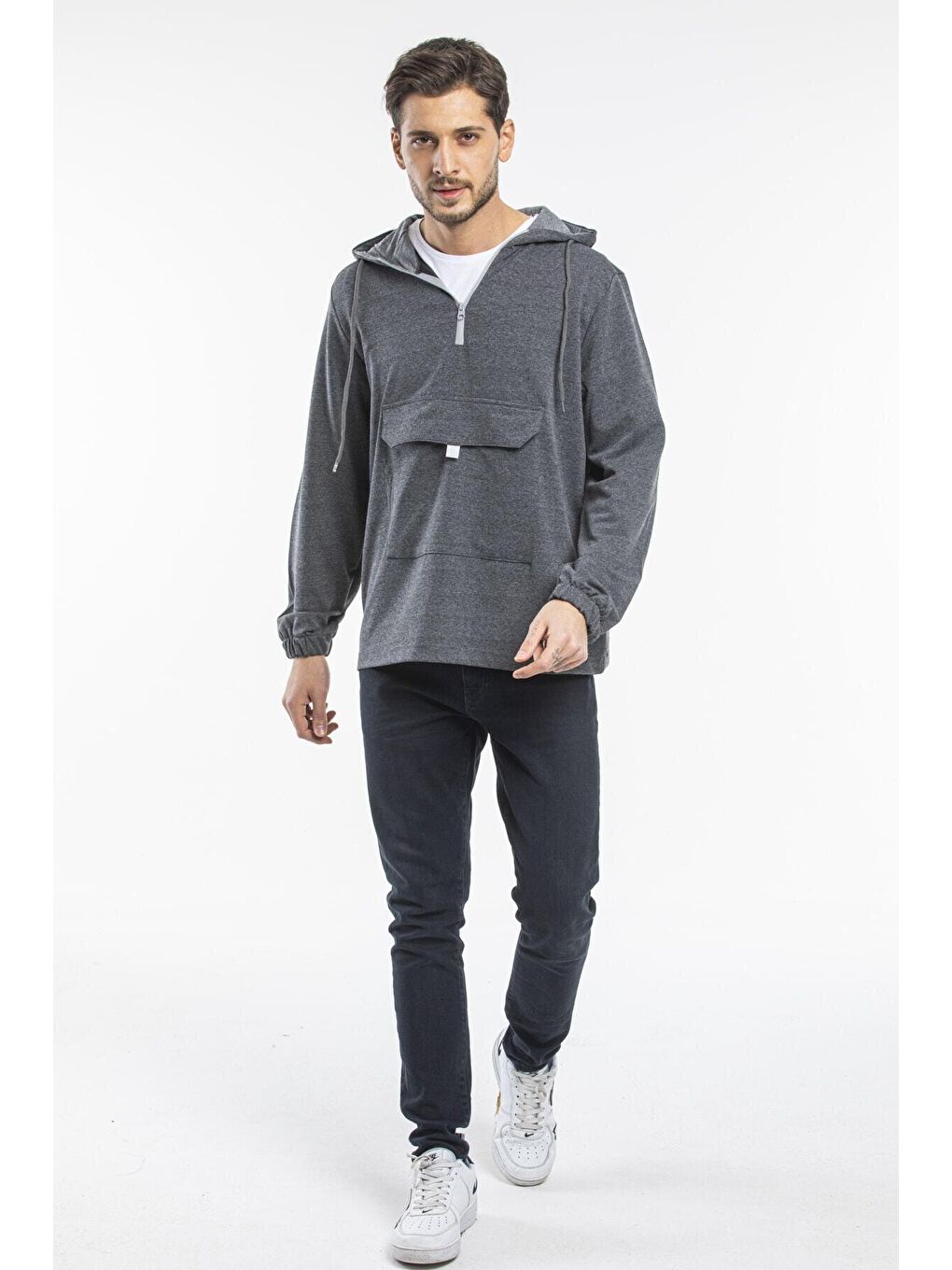 Antrasit Kapüşonlu Yarım Fermuarlı İnce Erkek Hoodie SPR 20K52
