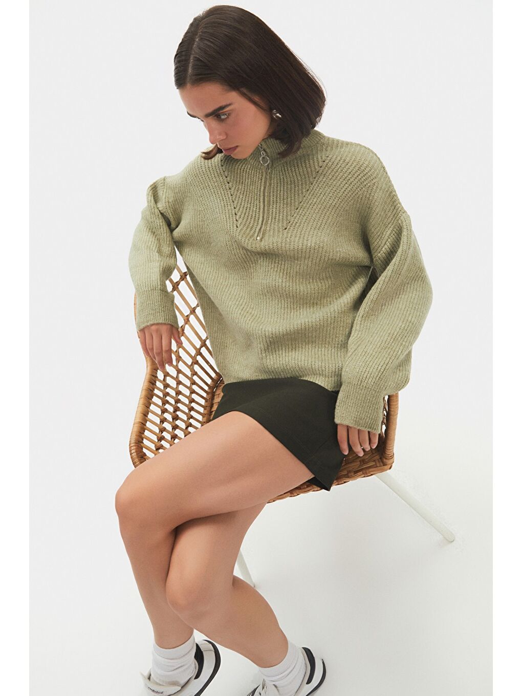 Yeşil Kadın Yumuşak Dokulu Fermuarlı Triko Kazak-3