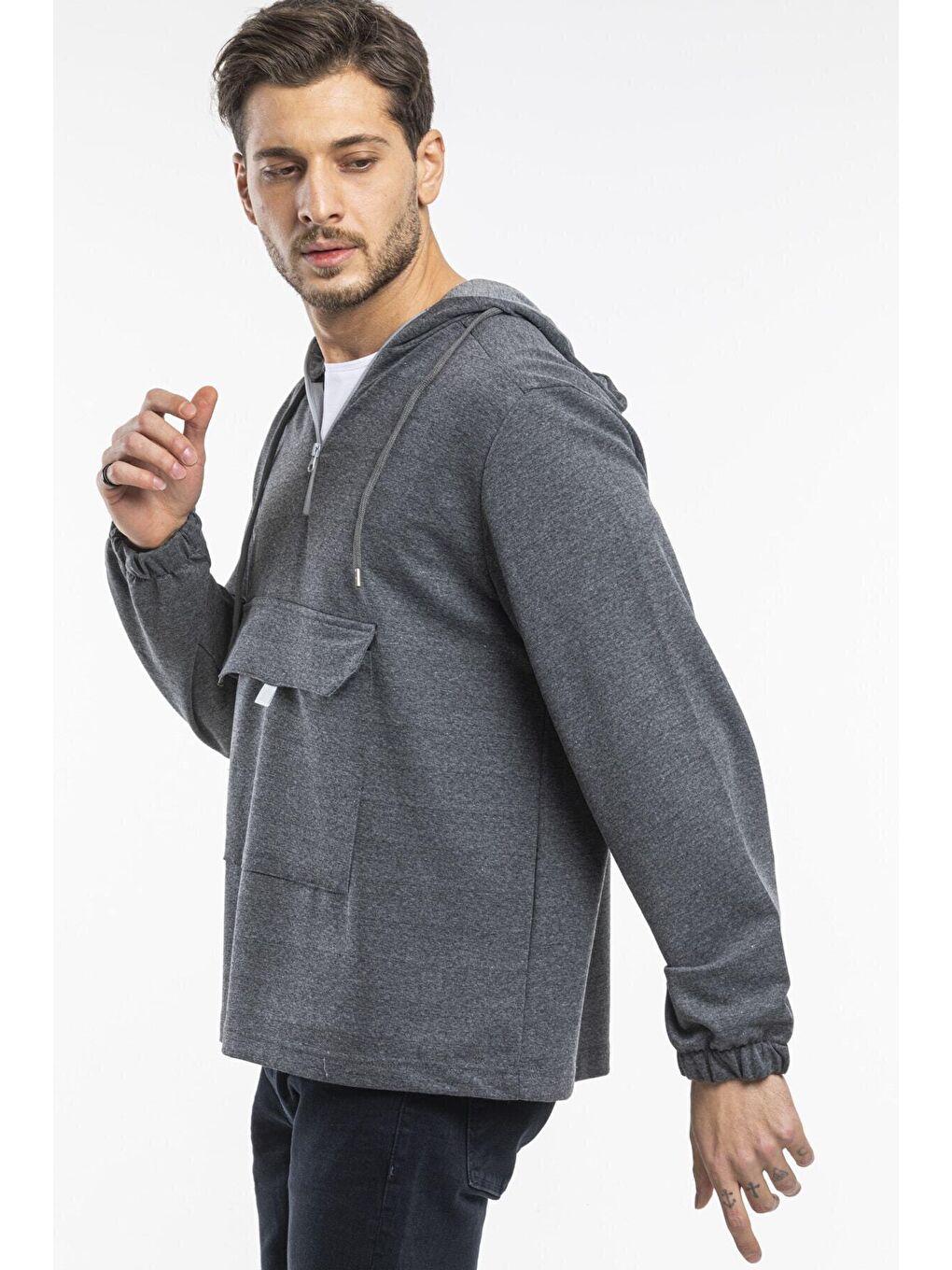 Antrasit Kapüşonlu Yarım Fermuarlı İnce Erkek Hoodie SPR 20K52-1