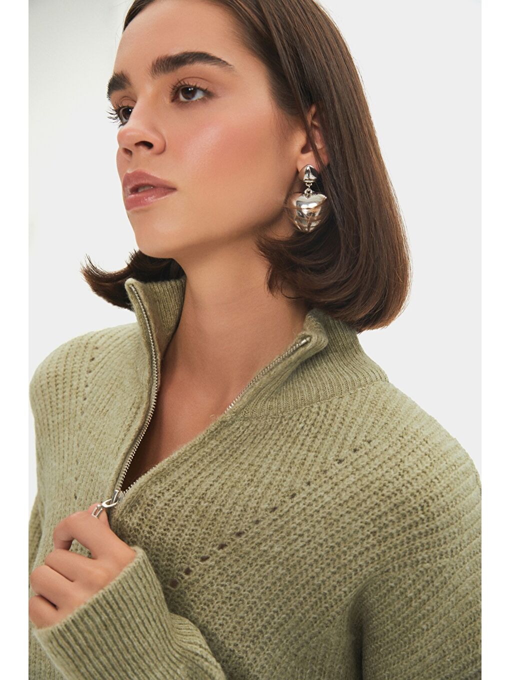 Yeşil Kadın Yumuşak Dokulu Fermuarlı Triko Kazak-4