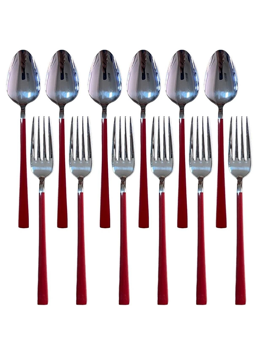 Parlak Gümüş Kırmızı Tatlı Çatal ve Kaşık Seti12 Adet Kahvaltı Pasta Tatlı Çatal Kaşık Seti