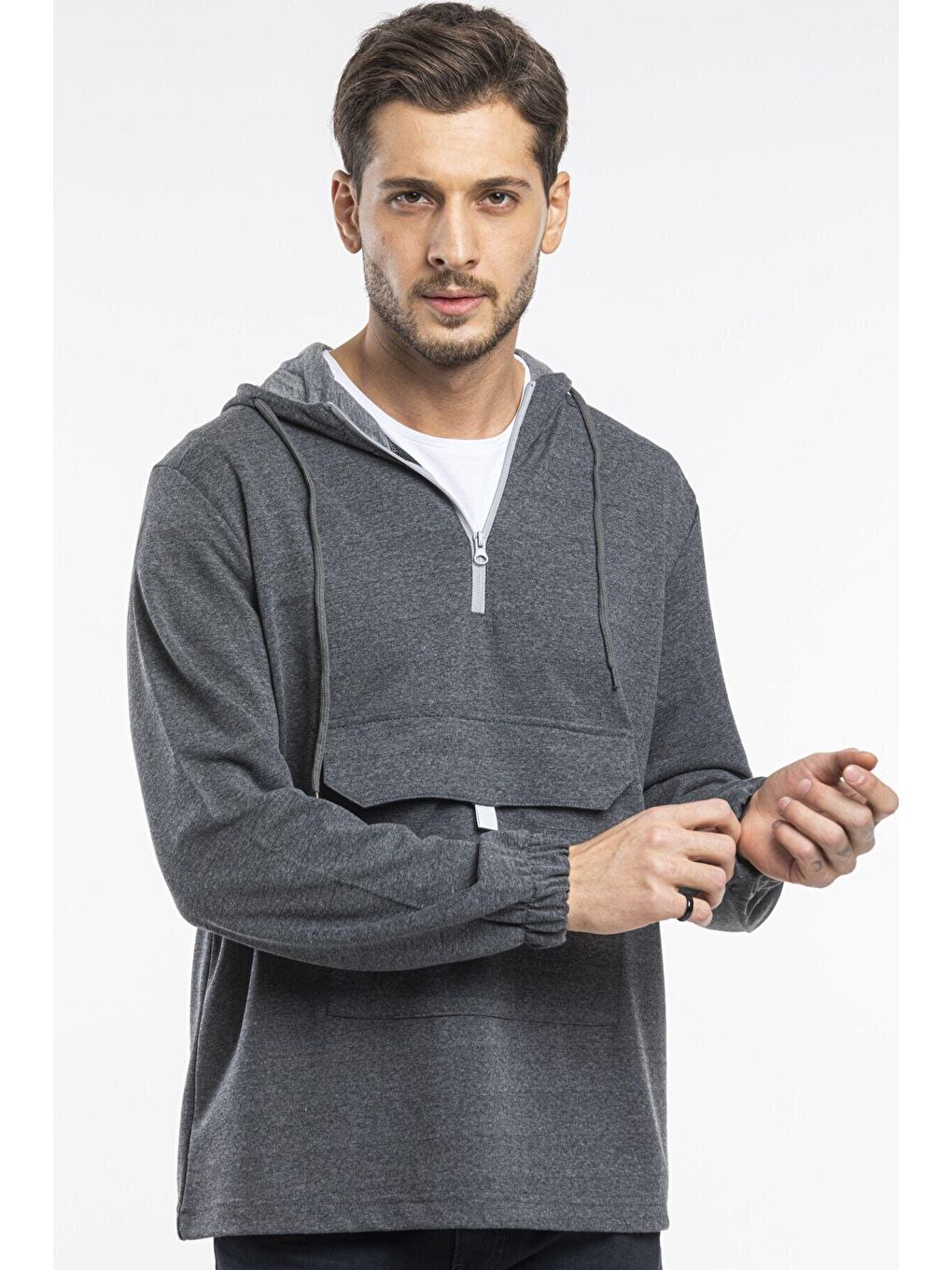 Antrasit Kapüşonlu Yarım Fermuarlı İnce Erkek Hoodie SPR 20K52-2