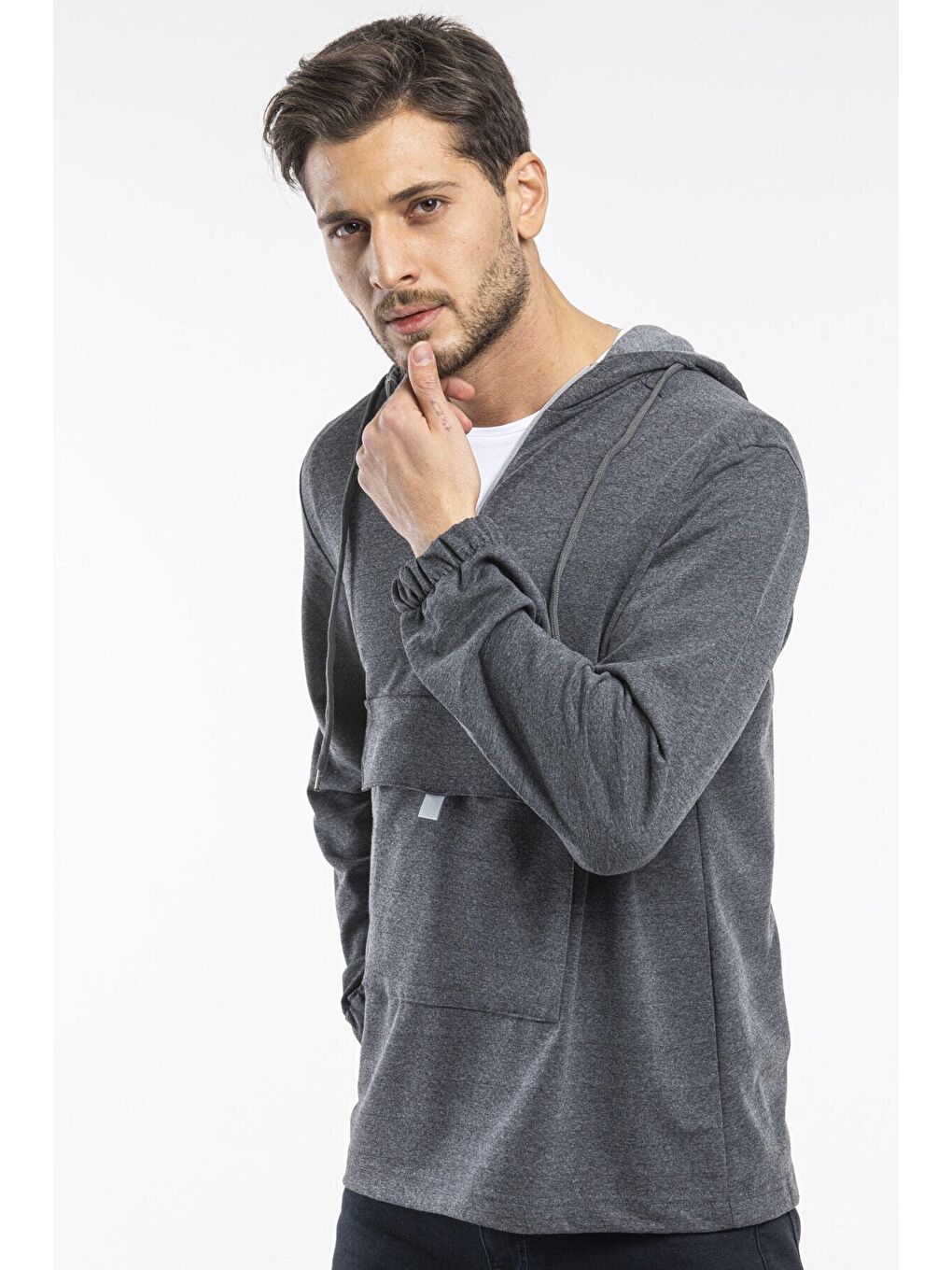 Antrasit Kapüşonlu Yarım Fermuarlı İnce Erkek Hoodie SPR 20K52-3