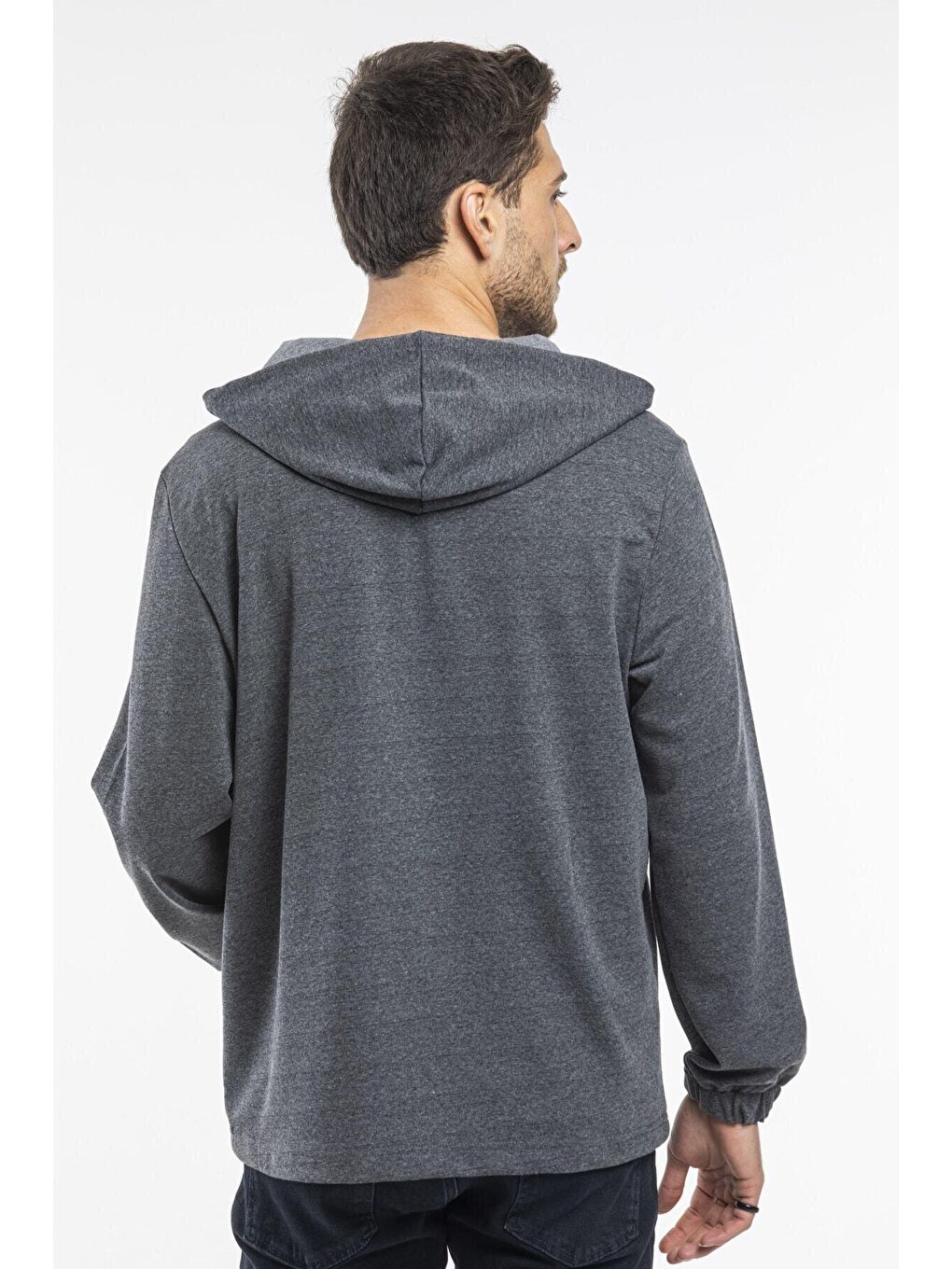Antrasit Kapüşonlu Yarım Fermuarlı İnce Erkek Hoodie SPR 20K52-4