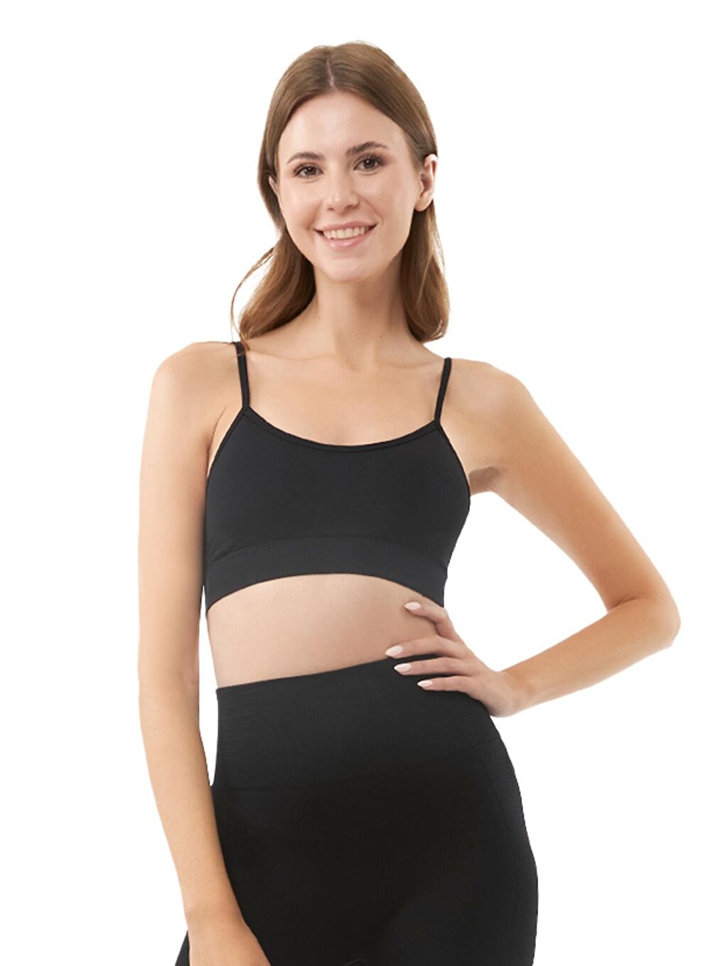 Siyah İp Askılı Çıkarılabilir Kaplı Seamless Kadın Crop Atlet