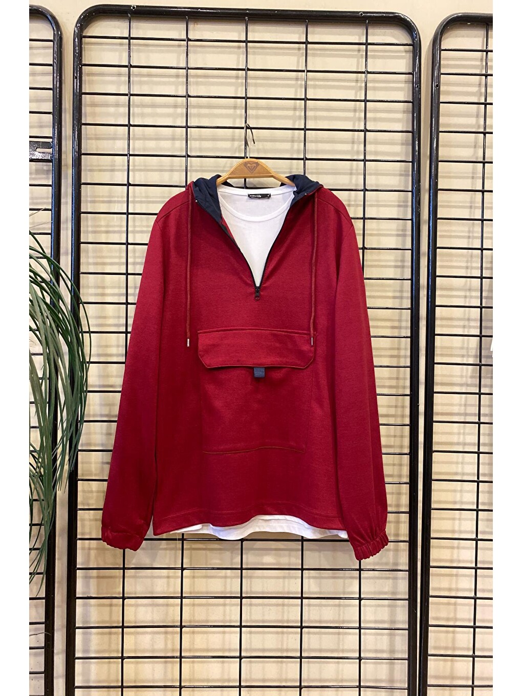 Bordo Erkek Kapüşonlu Yarım Fermuarlı İnce Hoodie Spr 20k52