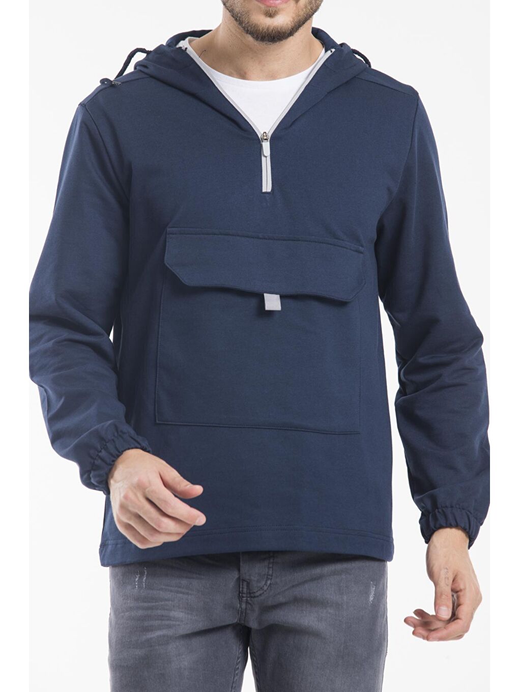 Lacivert Kapüşonlu Yarım Fermuarlı İnce Erkek Hoodie SPR 20K52-1