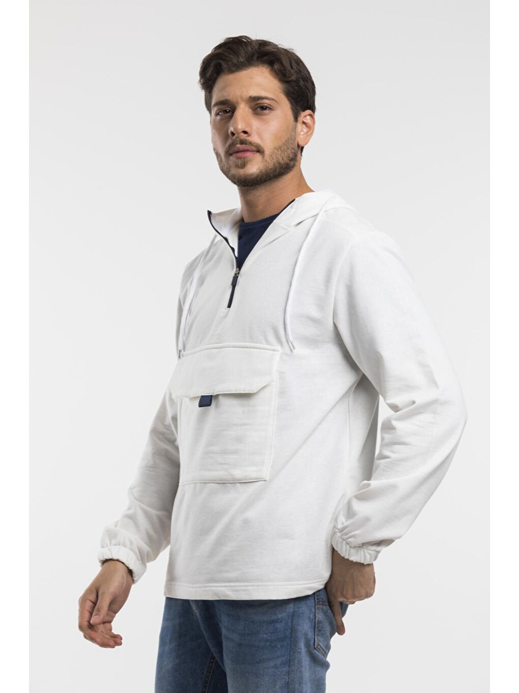 Ekru Erkek Kapüşonlu Yarım Fermuarlı İnce Hoodie SPR 20K52