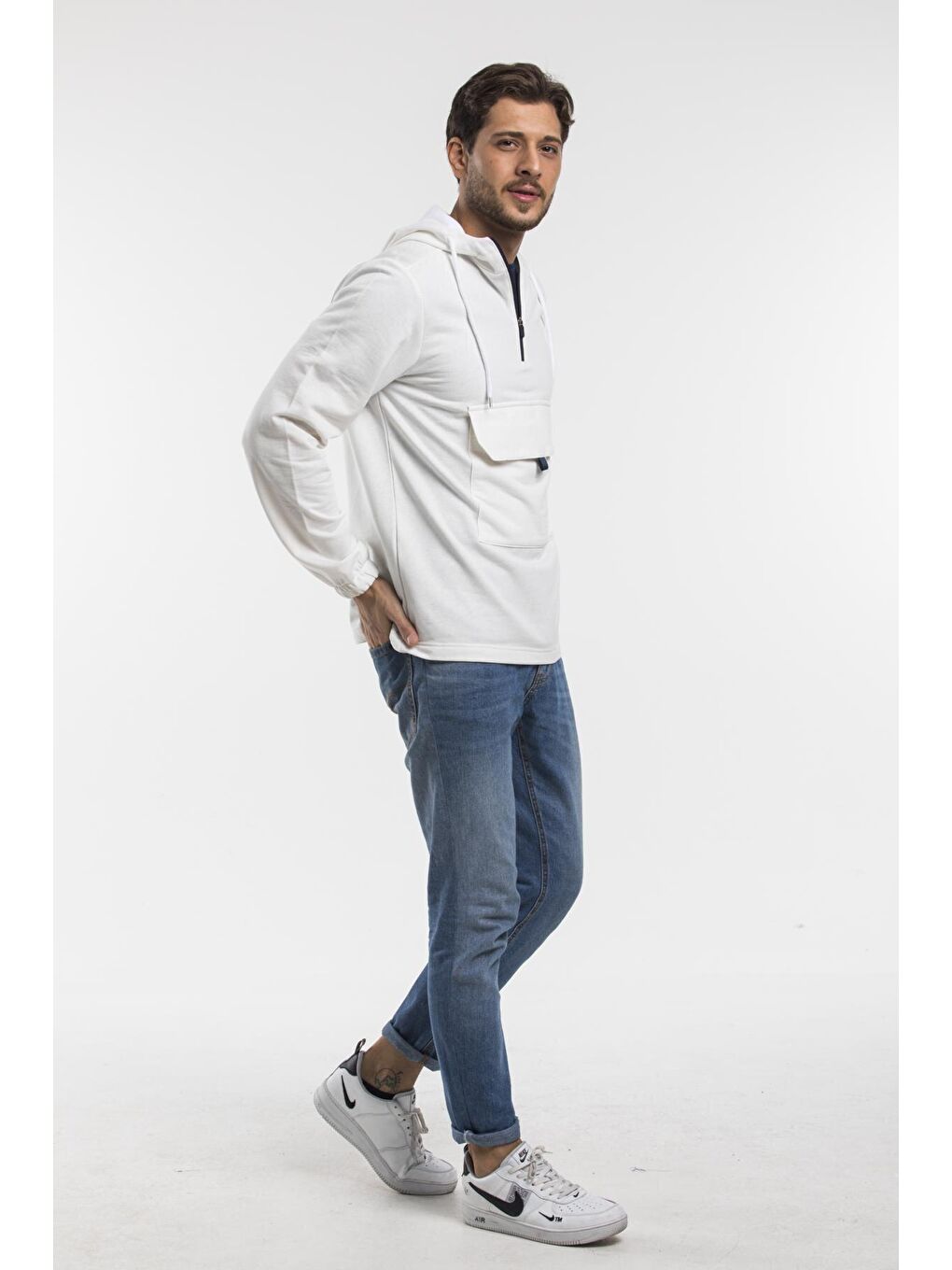 Ekru Erkek Kapüşonlu Yarım Fermuarlı İnce Hoodie SPR 20K52-1