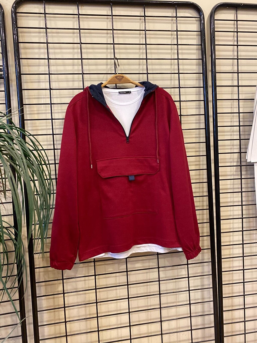 Bordo Erkek Kapüşonlu Yarım Fermuarlı İnce Hoodie Spr 20k52-1