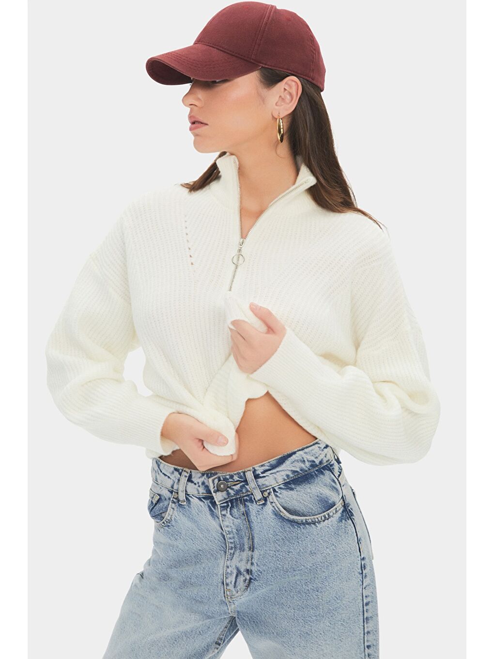 Ekru Kadın Yumuşak Dokulu Fermuarlı Triko Kazak-4