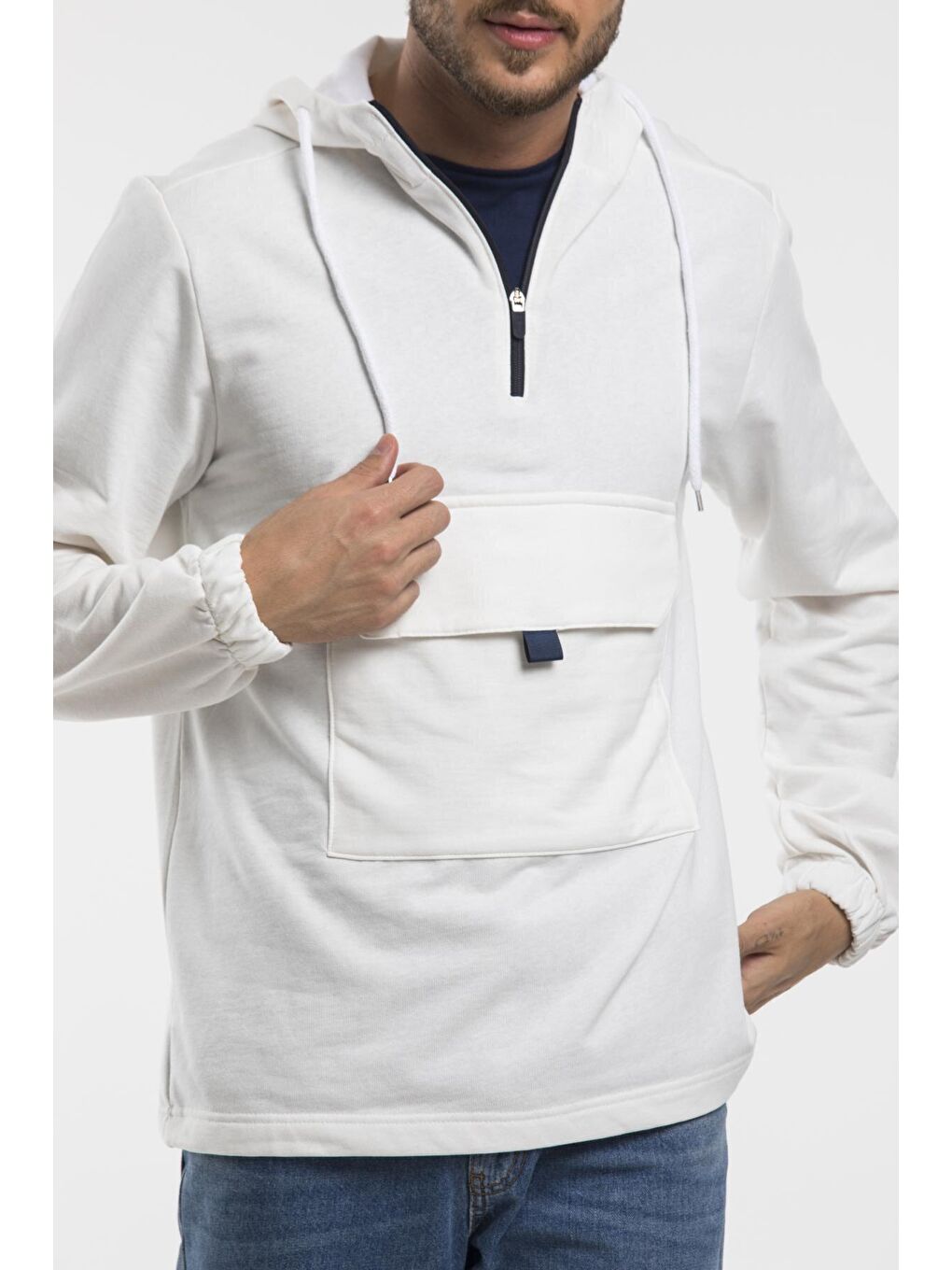 Ekru Erkek Kapüşonlu Yarım Fermuarlı İnce Hoodie SPR 20K52-2