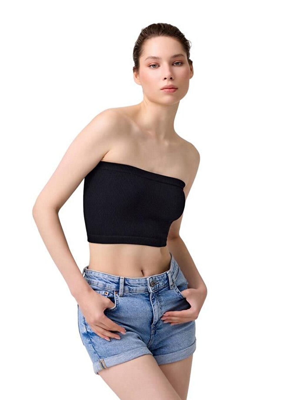 Premium - Kadın Siyah Seamless Straplez Crop Top Büstiyer