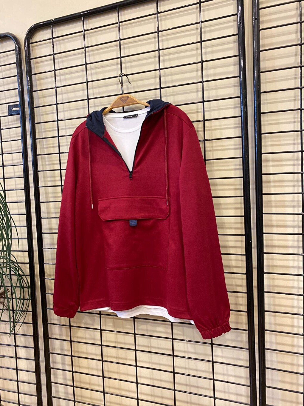 Bordo Erkek Kapüşonlu Yarım Fermuarlı İnce Hoodie Spr 20k52-2