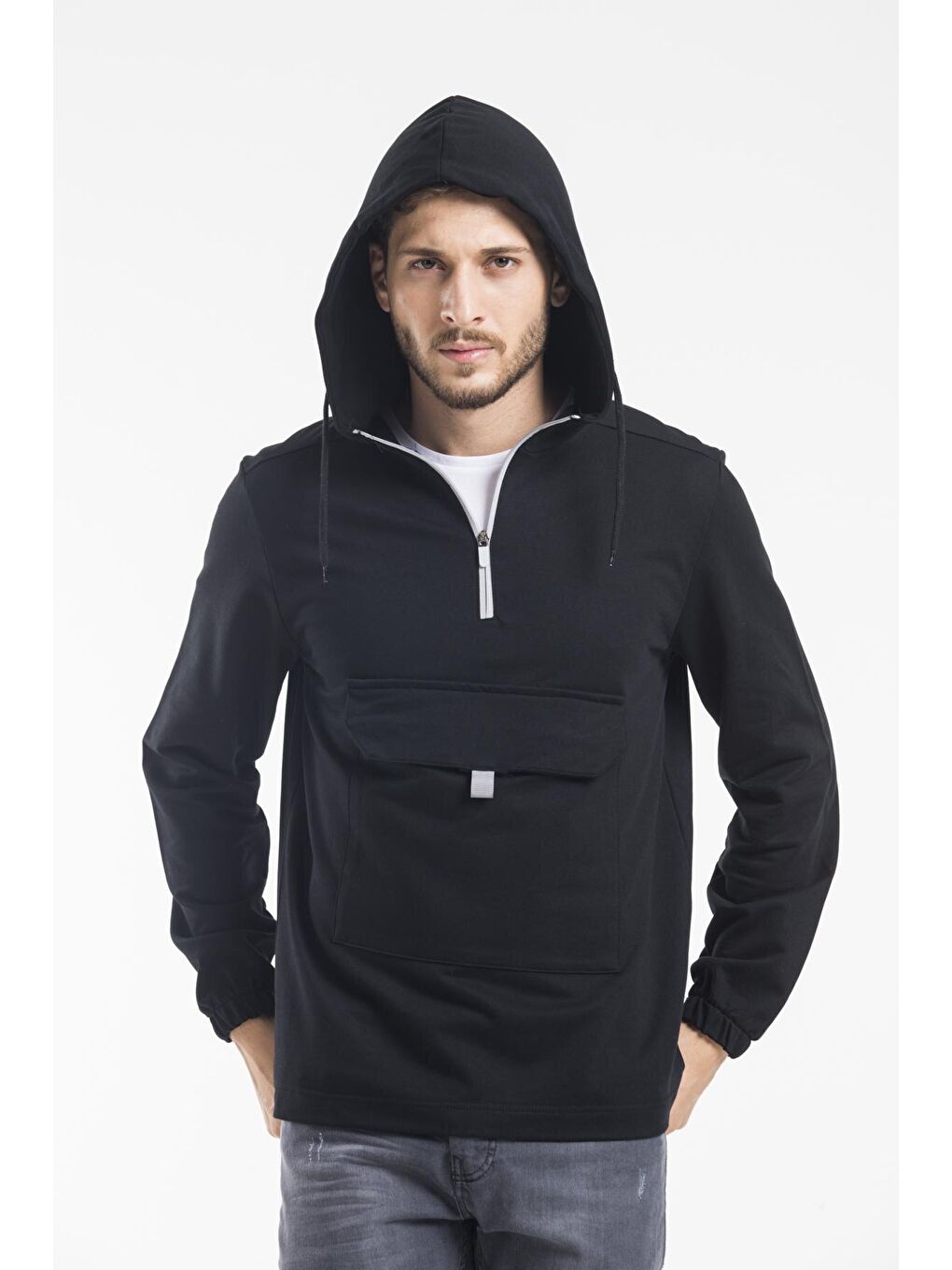 Siyah Kapüşonlu Yarım Fermuarlı İnce Erkek Hoodie SPR 20K52