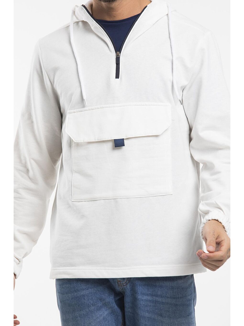 Ekru Erkek Kapüşonlu Yarım Fermuarlı İnce Hoodie SPR 20K52-3