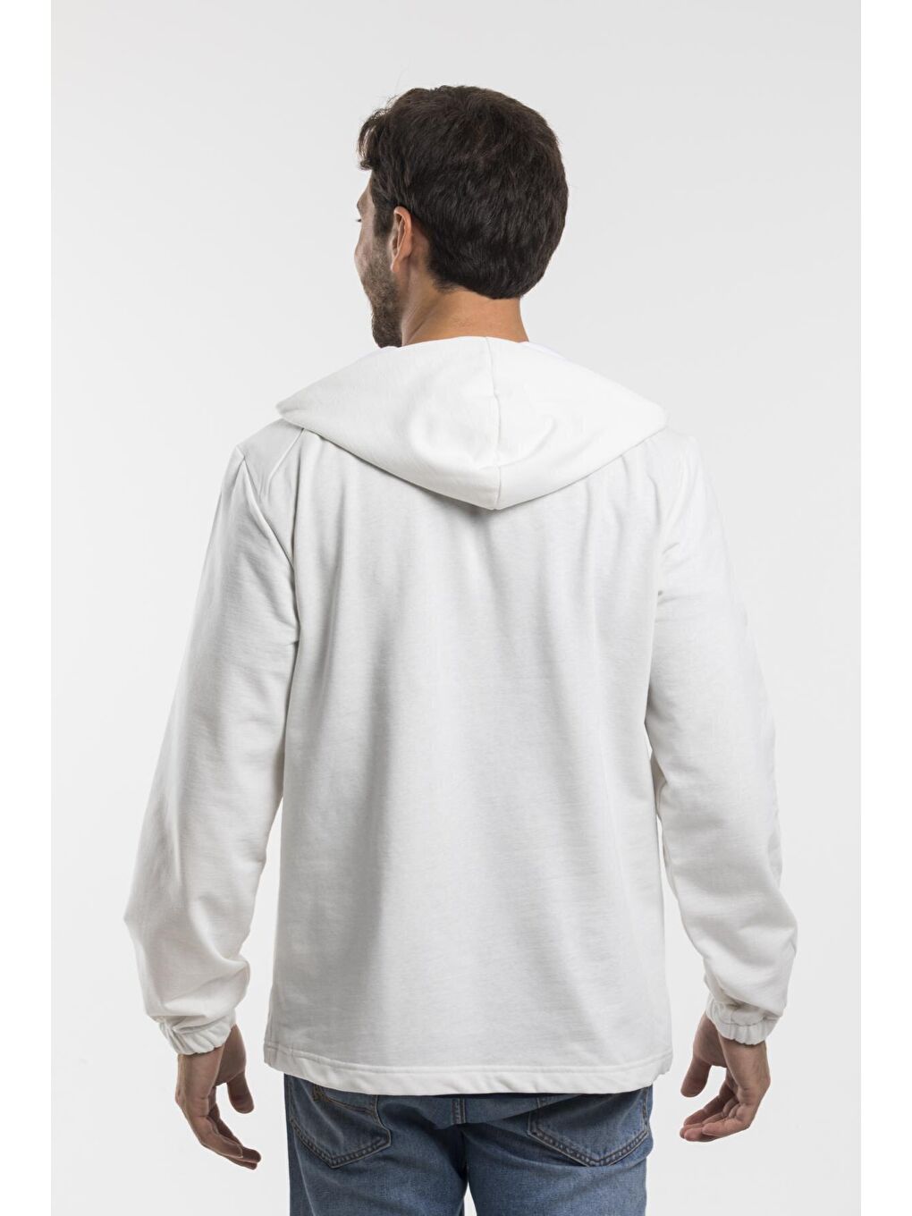 Ekru Erkek Kapüşonlu Yarım Fermuarlı İnce Hoodie SPR 20K52-4