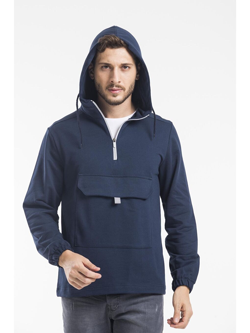 Lacivert Kapüşonlu Yarım Fermuarlı İnce Erkek Hoodie SPR 20K52-3