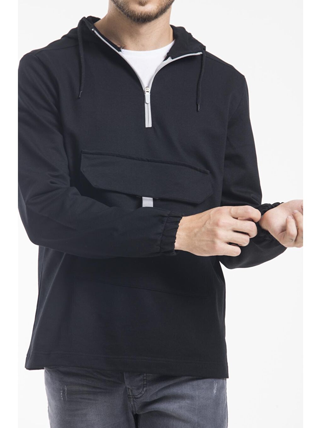 Siyah Kapüşonlu Yarım Fermuarlı İnce Erkek Hoodie SPR 20K52-2