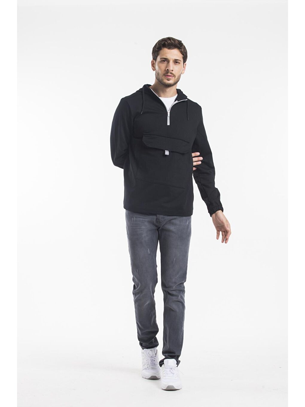 Siyah Kapüşonlu Yarım Fermuarlı İnce Erkek Hoodie SPR 20K52-3