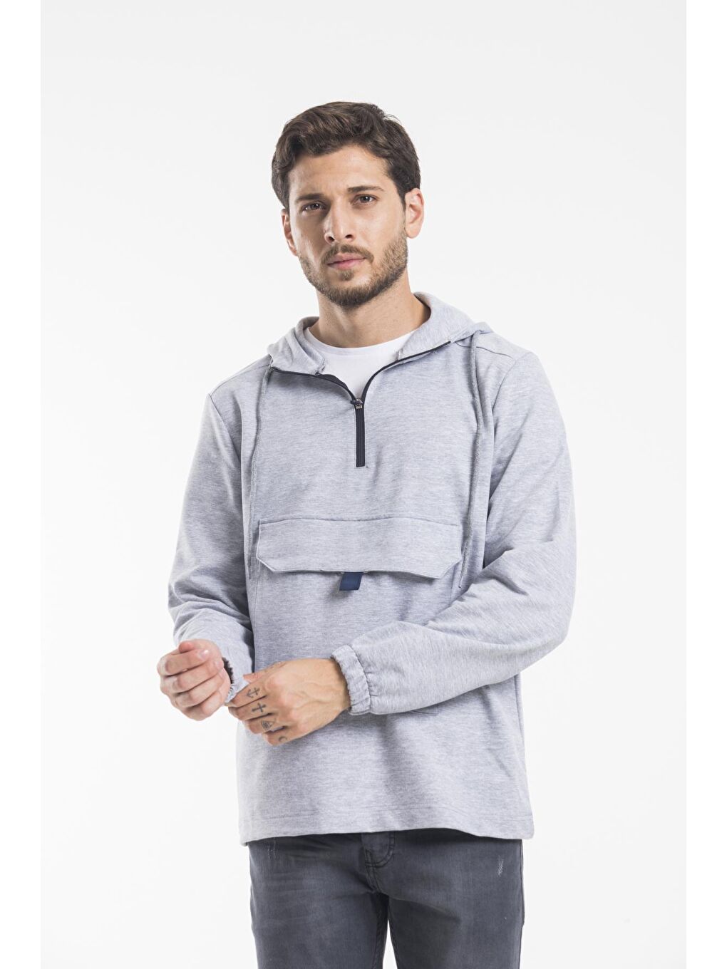 Gri Kapüşonlu Yarım Fermuarlı İnce Erkek Hoodie SPR 20K52-1