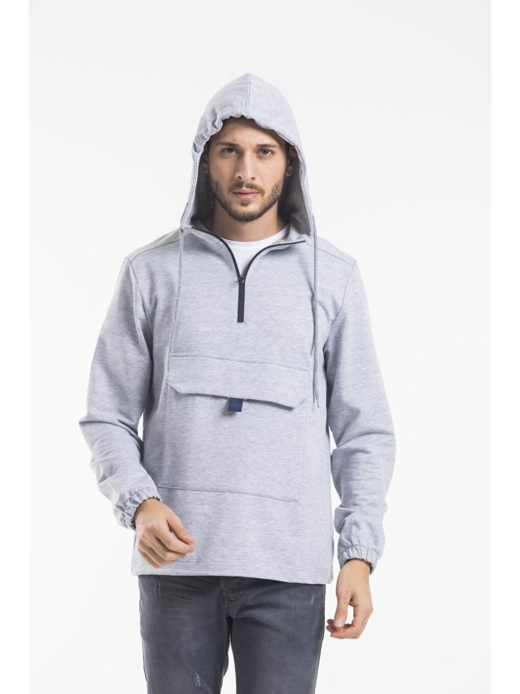 Gri Kapüşonlu Yarım Fermuarlı İnce Erkek Hoodie SPR 20K52-2