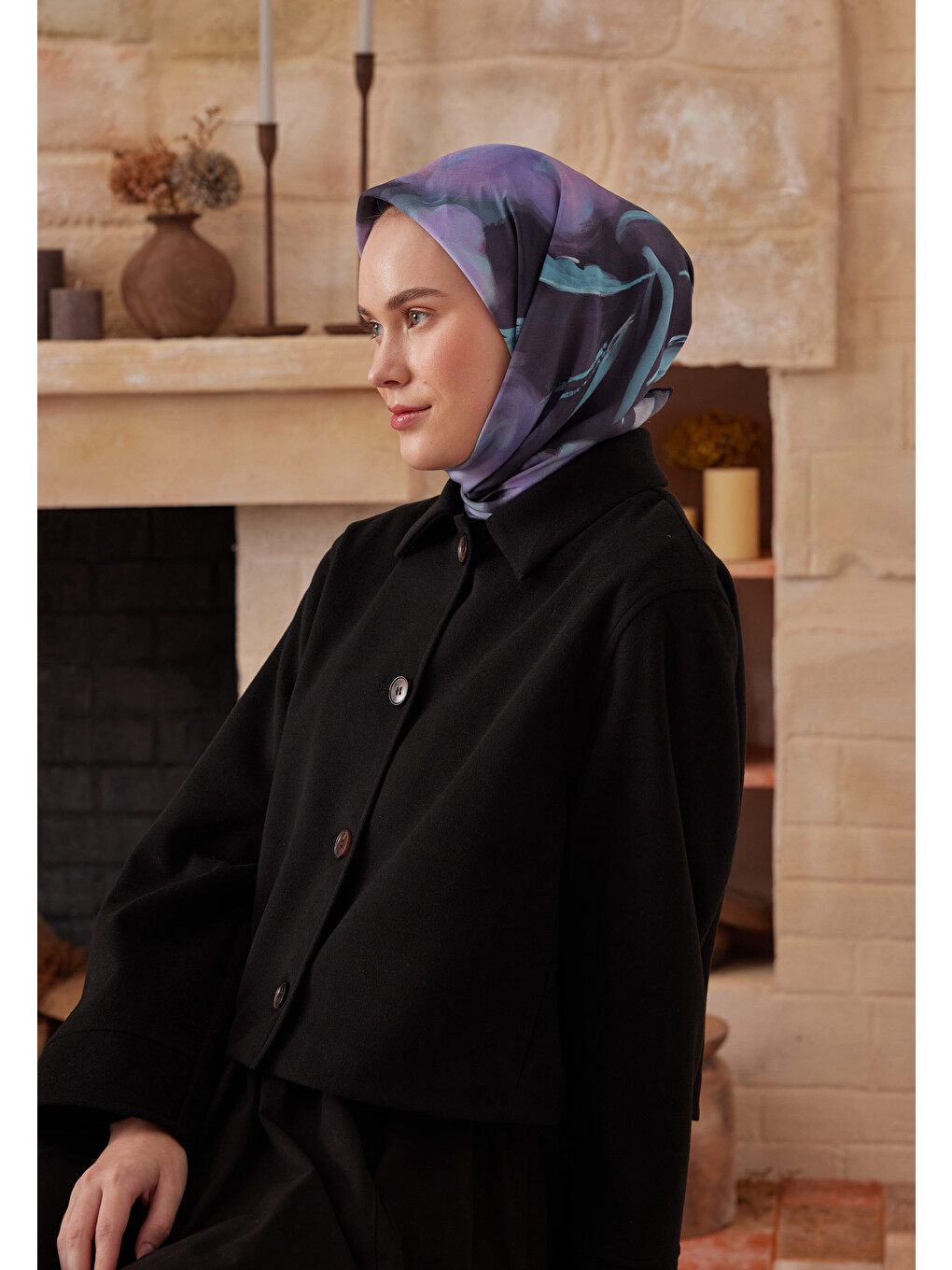 Mavi Darcy Desen Pamuk İpek Eşarp Gece Mavısı-5