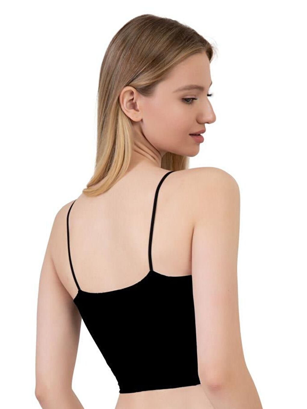 Mikrofiber Dokulu İnce Askılı Siyah Crop Top Büstiyer-2