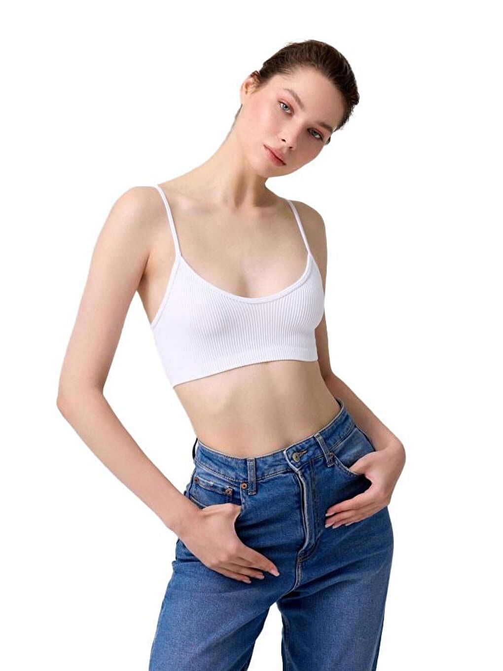 Premium - Kadın Beyaz Seamless İp Askılı Crop Top Büstiyer