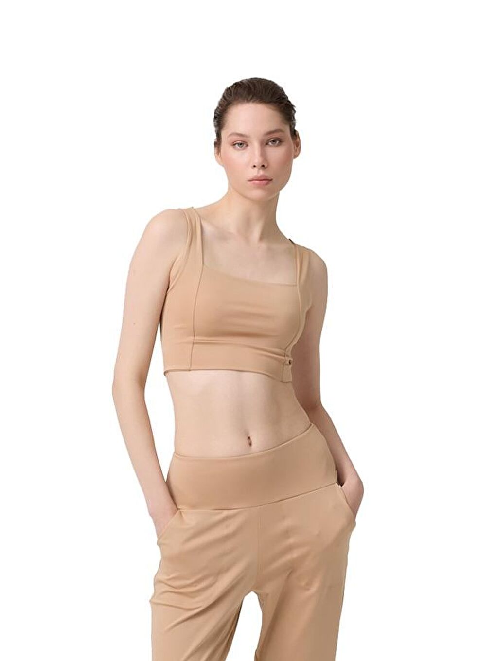 Bej Kare Yaka Crop Top Büstiyer