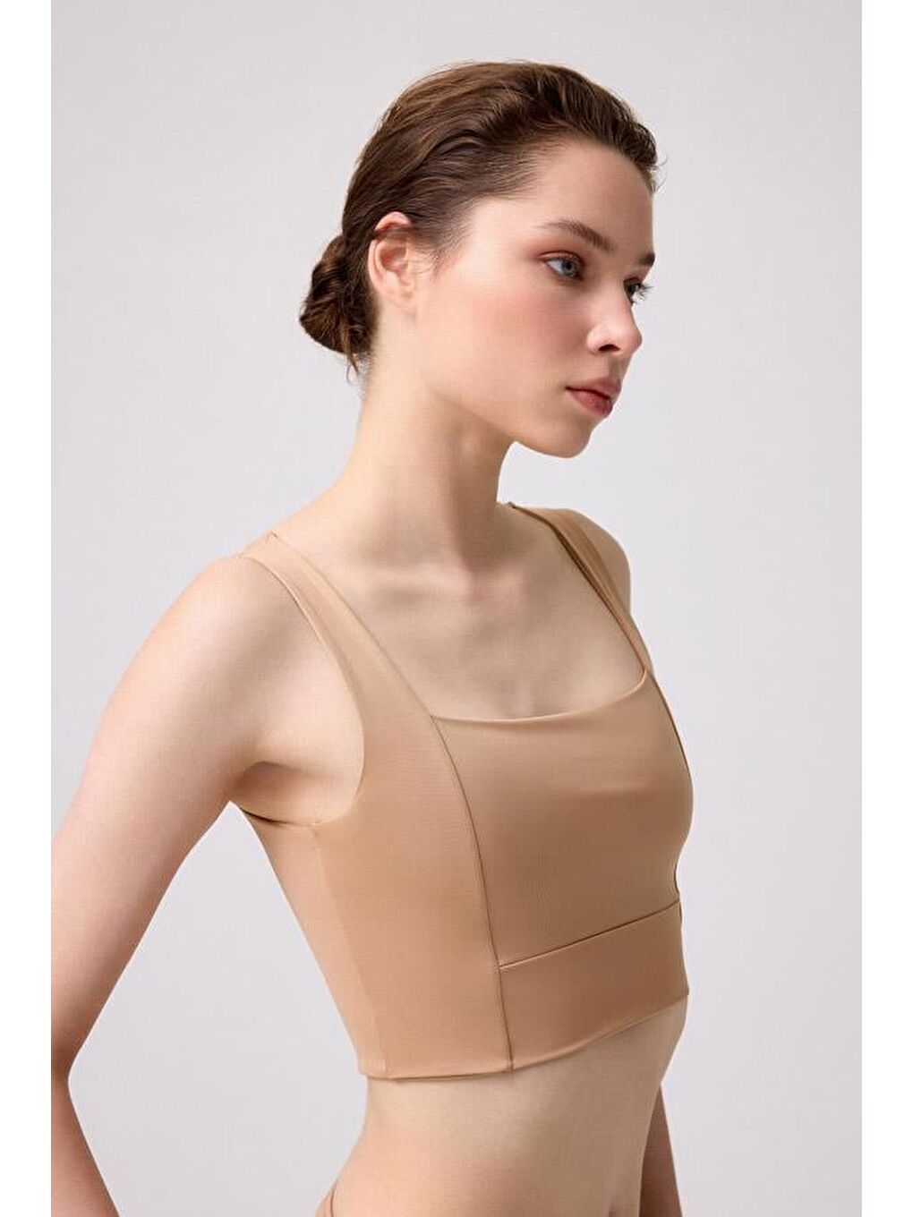 Bej Kare Yaka Crop Top Büstiyer-3