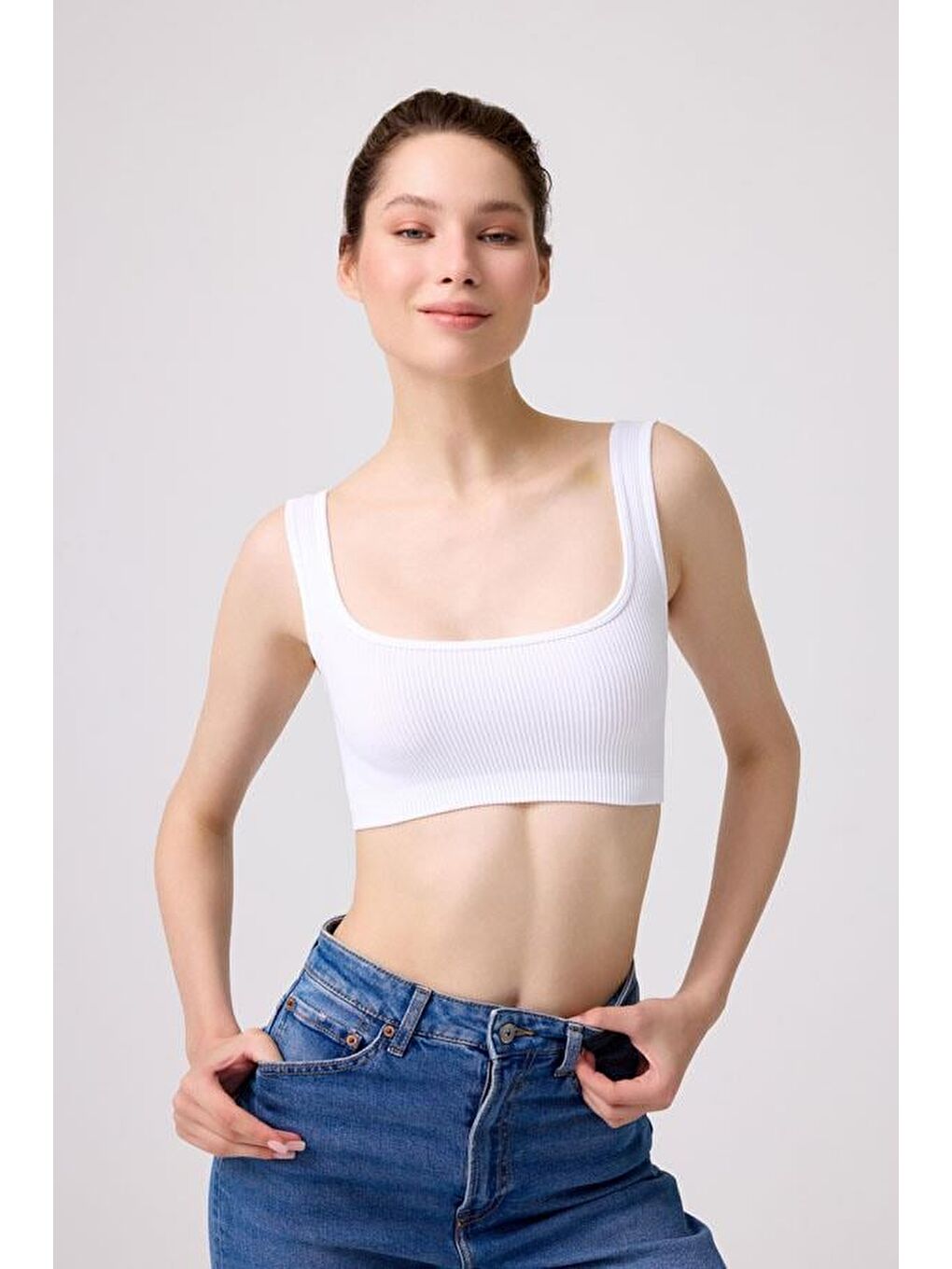 Premium - Kadın Beyaz Seamless Kare Yaka Crop Top Büstiyer-4