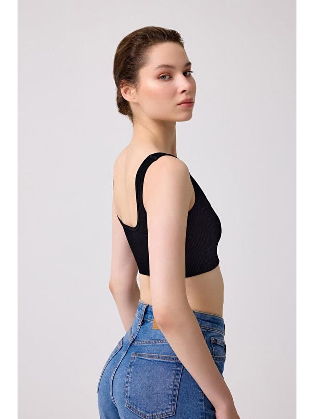 Premium - Kadın Siyah Seamless Kare Yaka Crop Top Büstiyer-2