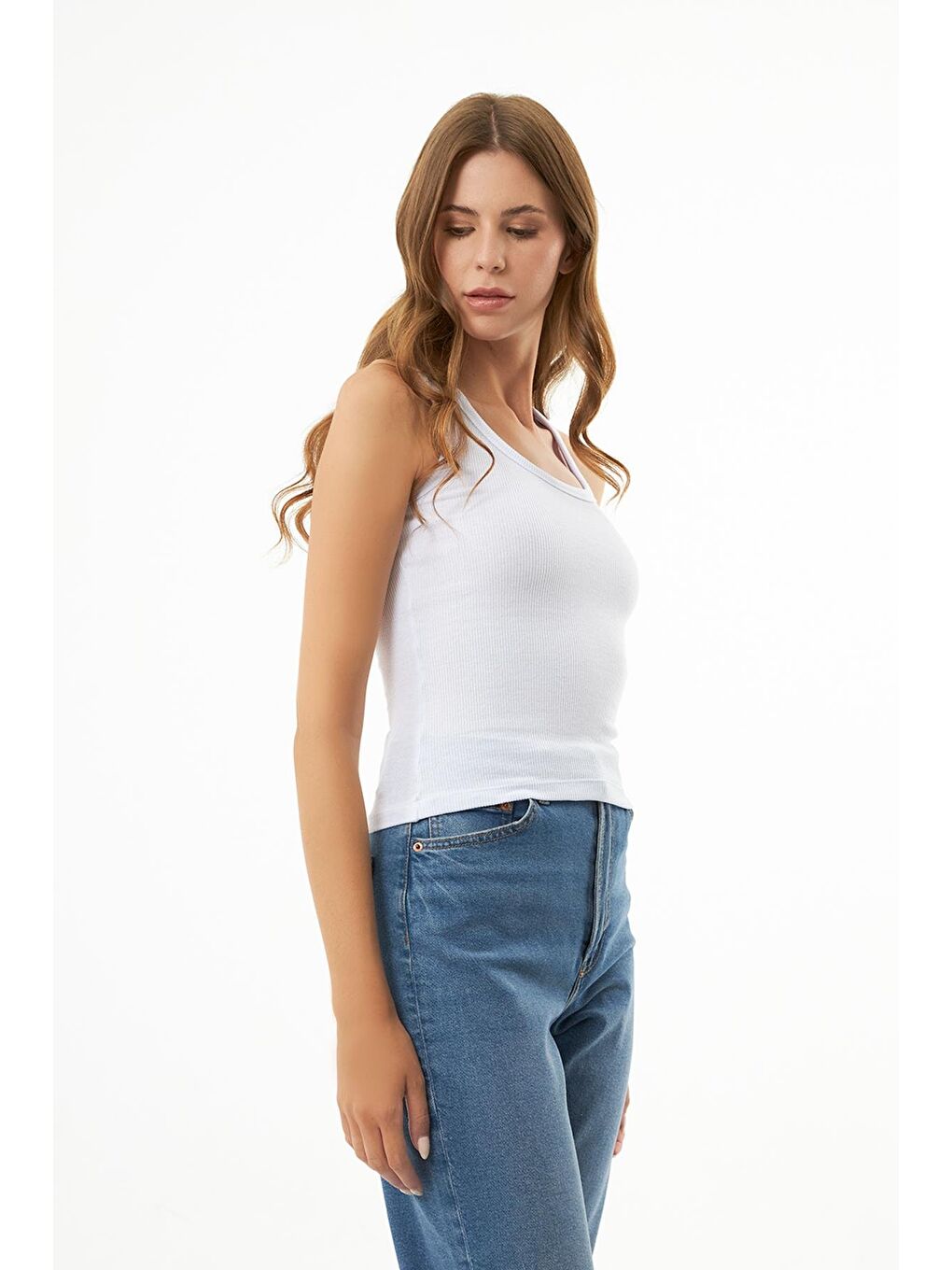 Beyaz Pamuklu Kalın Askılı Fitilli Kadın Atlet-4